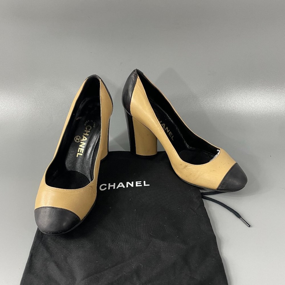 Authentic Chanel Tan and Black Cap-Toe Pumps,  Size 36